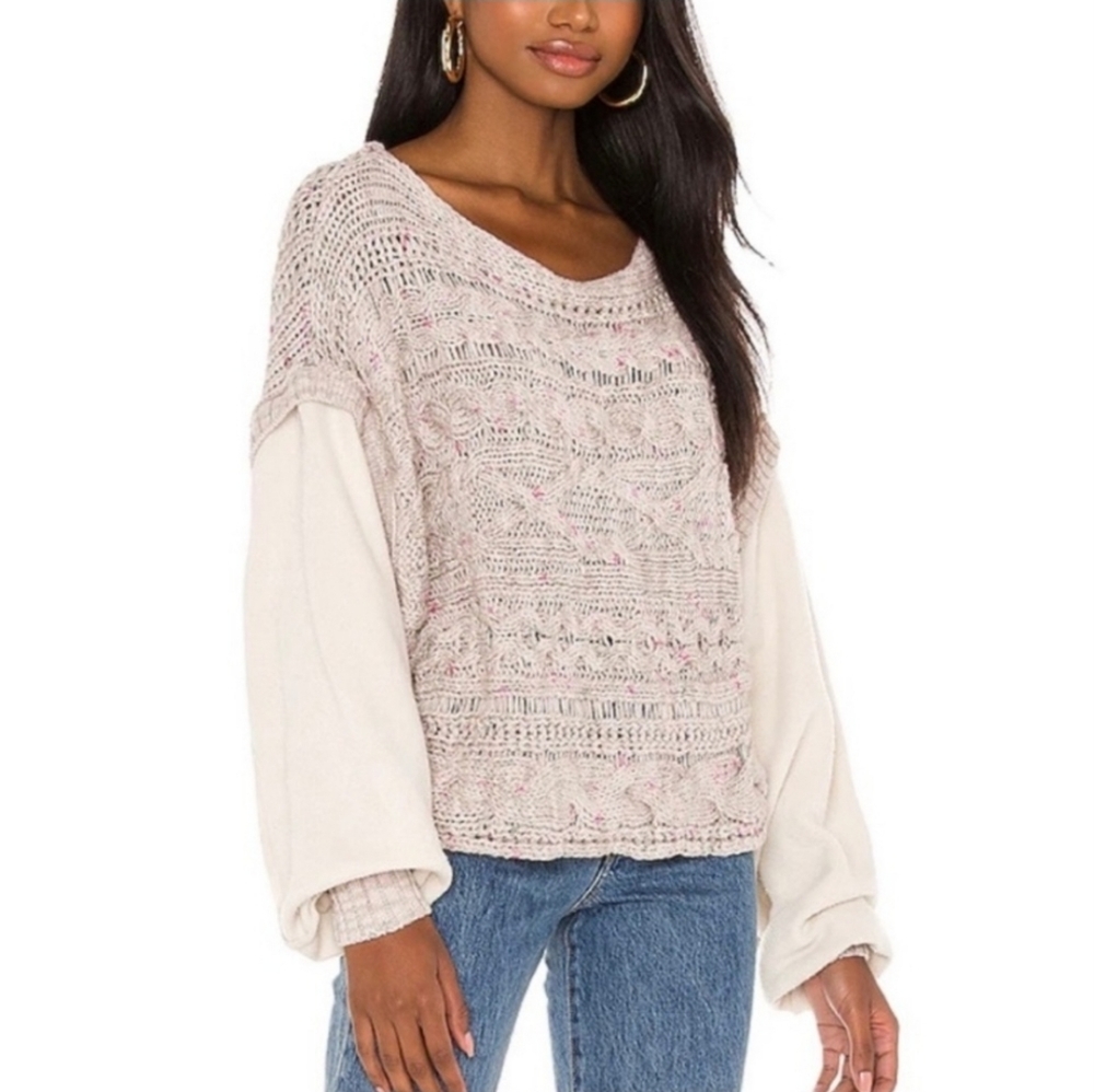 Free People Honey Cable Knit Oversized Sweater in Grey